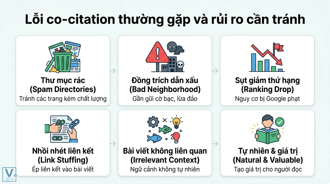 Co-citation là gì? Phân biệt Co-occurrence và cách tối ưu SEO 3 Lỗi co-citation cần tránh gồm thư mục rác, đồng trích dẫn xấu, nhồi nhét liên kết, bài viết không liên quan gây sụt giảm thứ hạng website