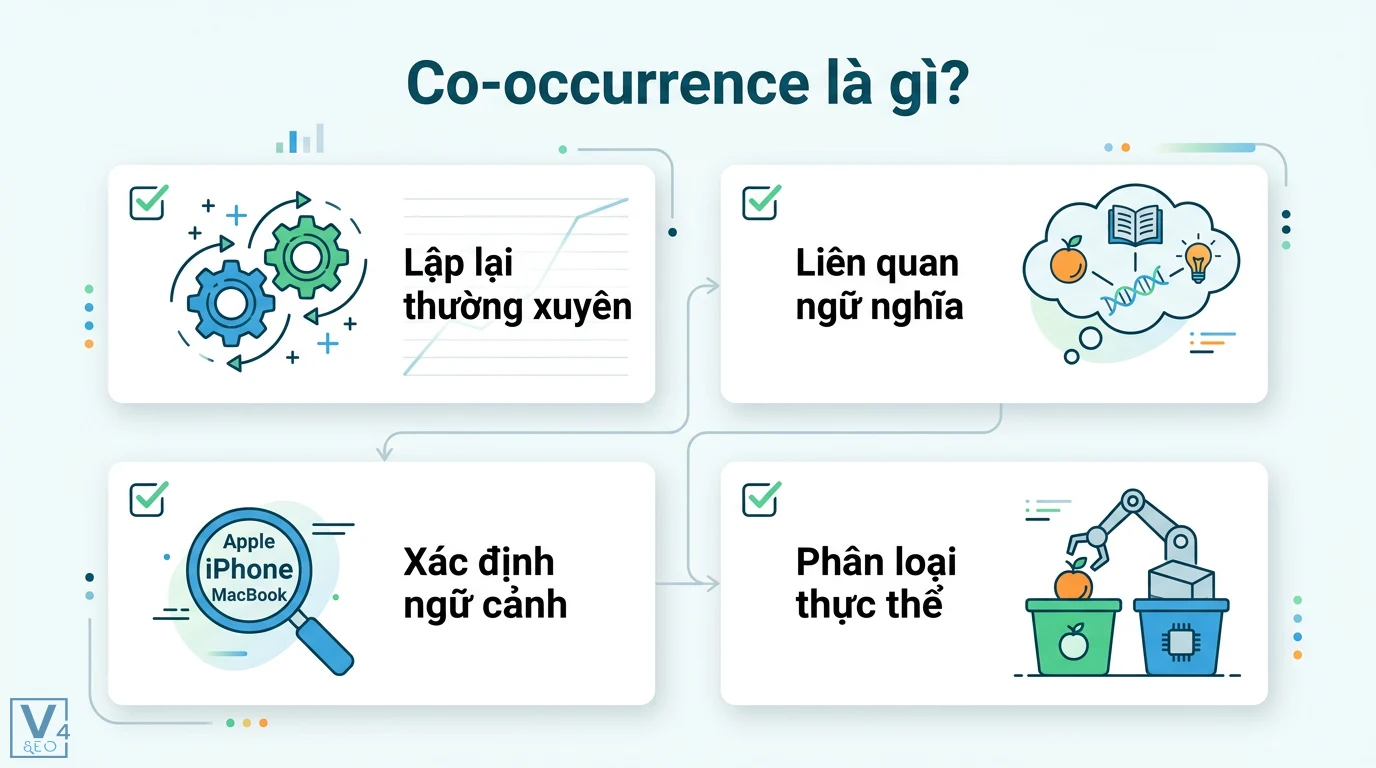 Co-occurrence là gì? Ứng dụng Semantic SEO và thực thể hiệu quả 1 Co-occurrence giúp xác định ngữ cảnh và phân loại thực thể Apple iPhone MacBook dựa trên sự lặp lại thường xuyên và liên quan ngữ nghĩa