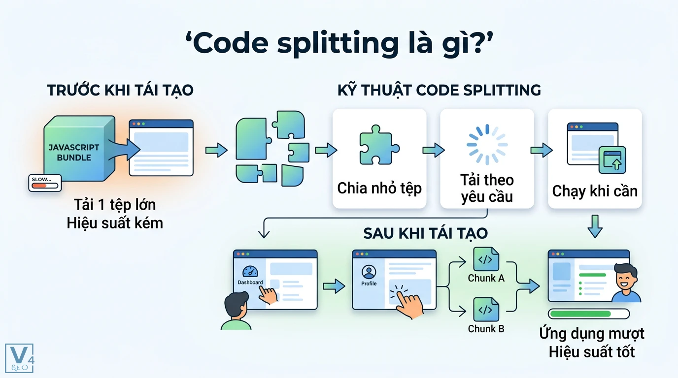 Code splitting là gì? Kỹ thuật tối ưu JavaScript Bundle hiện đại 1 Code splitting chia nhỏ Javascript Bundle thành các chunks để tải theo yêu cầu giúp tối ưu hiệu suất và ứng dụng vận hành mượt mà hơn