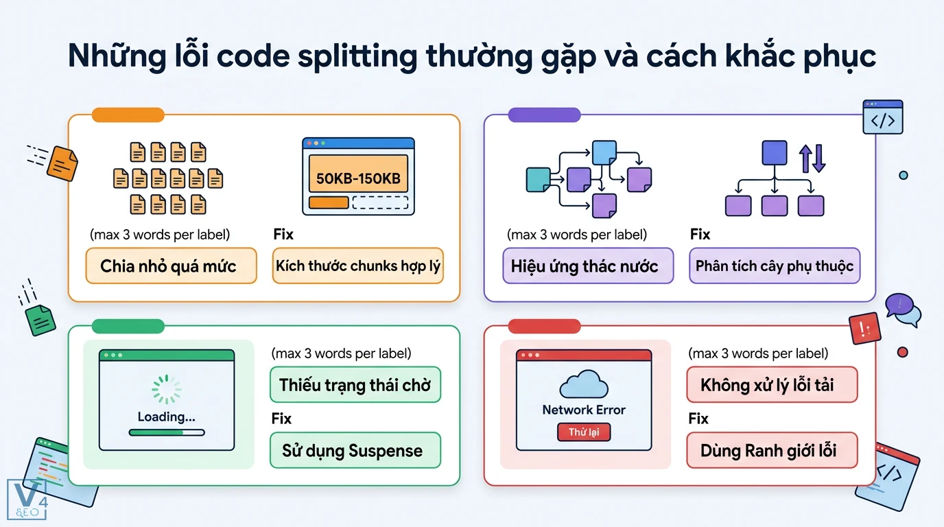 Code splitting là gì? Kỹ thuật tối ưu JavaScript Bundle hiện đại 3 Lỗi code splitting thường gặp và cách khắc phục qua việc tối ưu kích thước chunks, xử lý thác nước, dùng Suspense và ranh giới lỗi