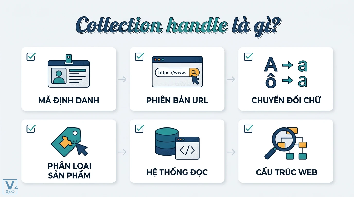 Collection handle là gì? Cách tìm và sử dụng handle trong Shopify 1 Collection handle là mã định danh và phiên bản URL giúp chuyển đổi chữ để phân loại sản phẩm, hỗ trợ hệ thống đọc cấu trúc website