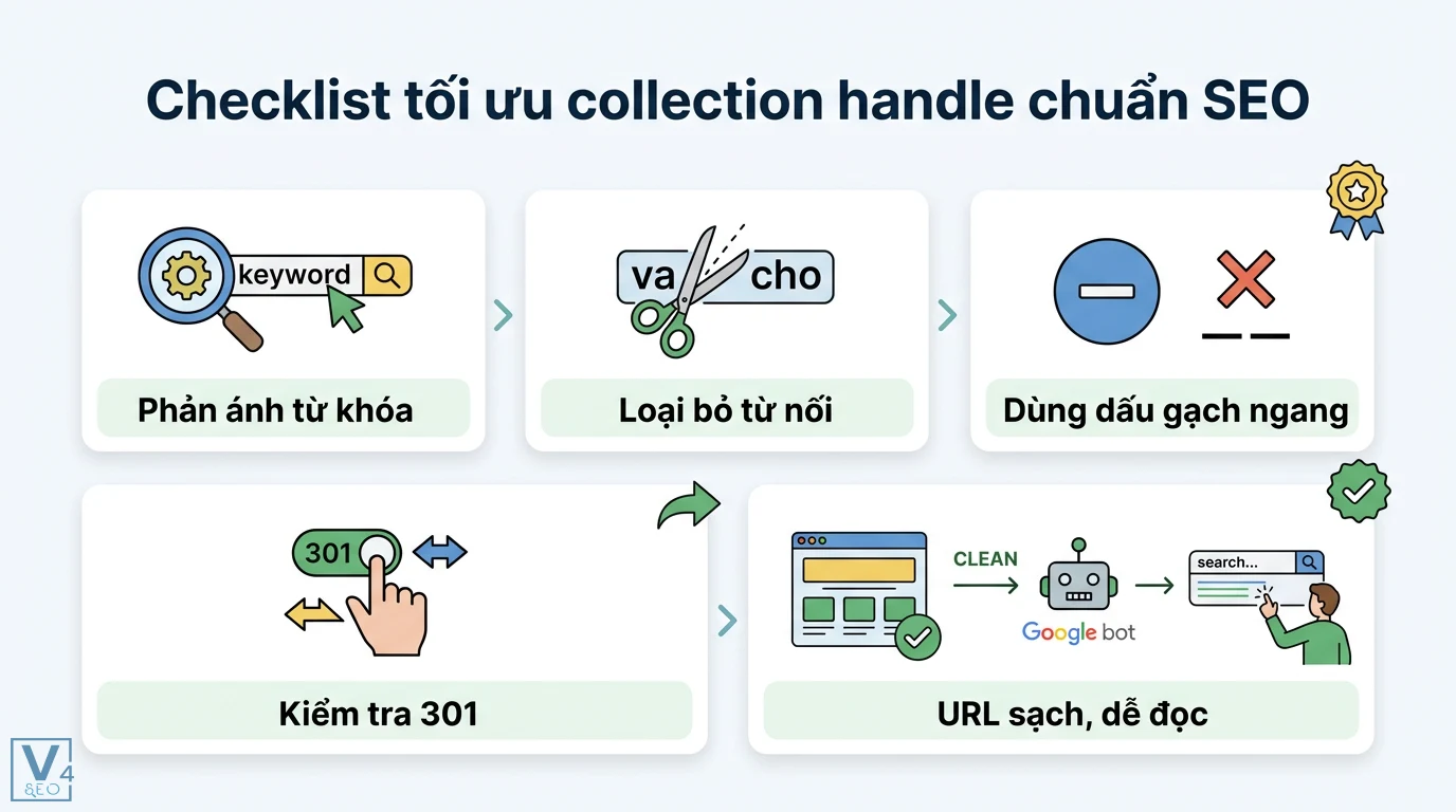 Collection handle là gì? Cách tìm và sử dụng handle trong Shopify 3 Tối ưu collection handle chuẩn SEO qua việc phản ánh từ khóa, bỏ từ nối, dùng dấu gạch ngang và kiểm tra 301 giúp URL sạch dễ đọc