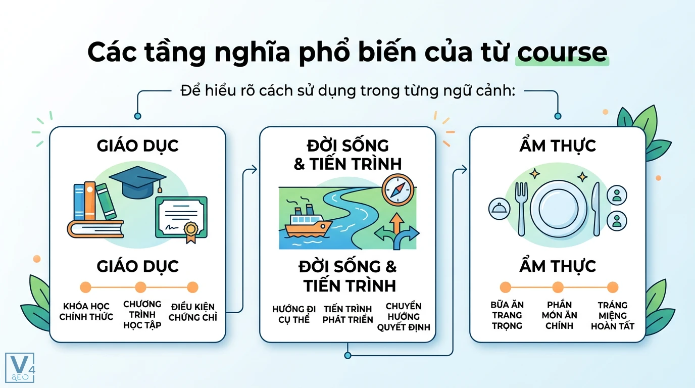 Course là gì? Ý nghĩa từ khóa học, món ăn, lộ trình và cách dùng 1 Các tầng nghĩa của từ course gồm chương trình giáo dục, lộ trình tiến trình trong đời sống và các phần món ăn trong bữa ăn trang trọng