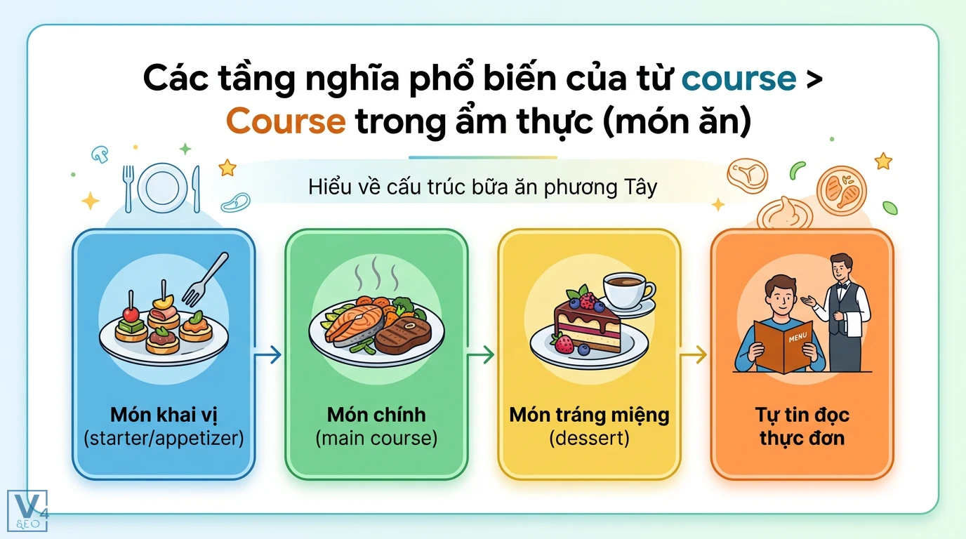 Course là gì? Ý nghĩa từ khóa học, món ăn, lộ trình và cách dùng 2 Course trong ẩm thực thể hiện qua trình tự món khai vị, món chính và món tráng miệng giúp thực khách tự tin khi đọc thực đơn nhà hàng