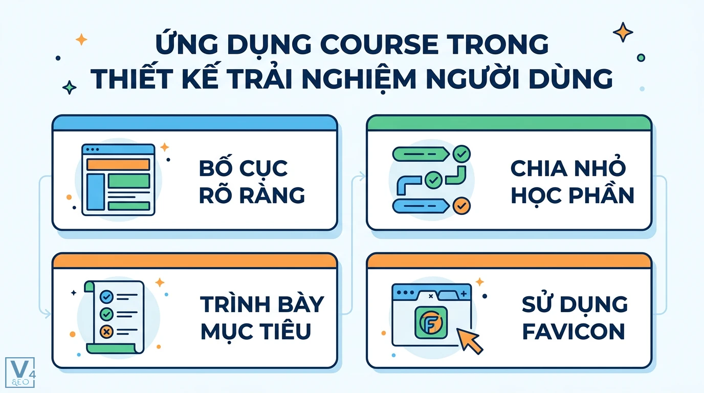 Course là gì? Ý nghĩa từ khóa học, món ăn, lộ trình và cách dùng 3 Ứng dụng course trong thiết kế trải nghiệm người dùng qua tối ưu website giáo dục, chia nhỏ học phần, trình bày mục tiêu và dùng favicon