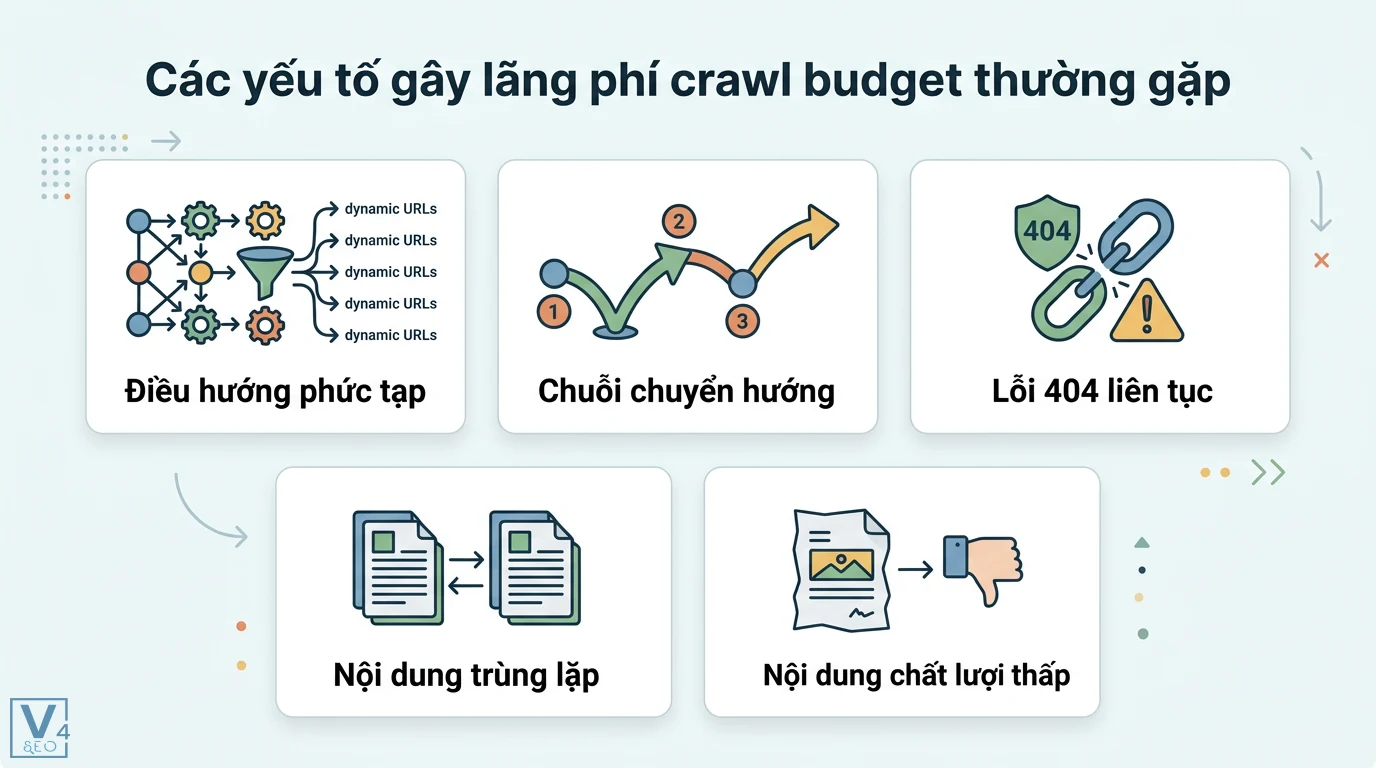 Crawl budget là gì? Hướng dẫn tối ưu ngân sách thu thập thực chiến 2 Các yếu tố gây lãng phí crawl budget gồm điều hướng phức tạp, chuỗi chuyển hướng, lỗi 404, nội dung trùng lặp và nội dung chất lượng thấp