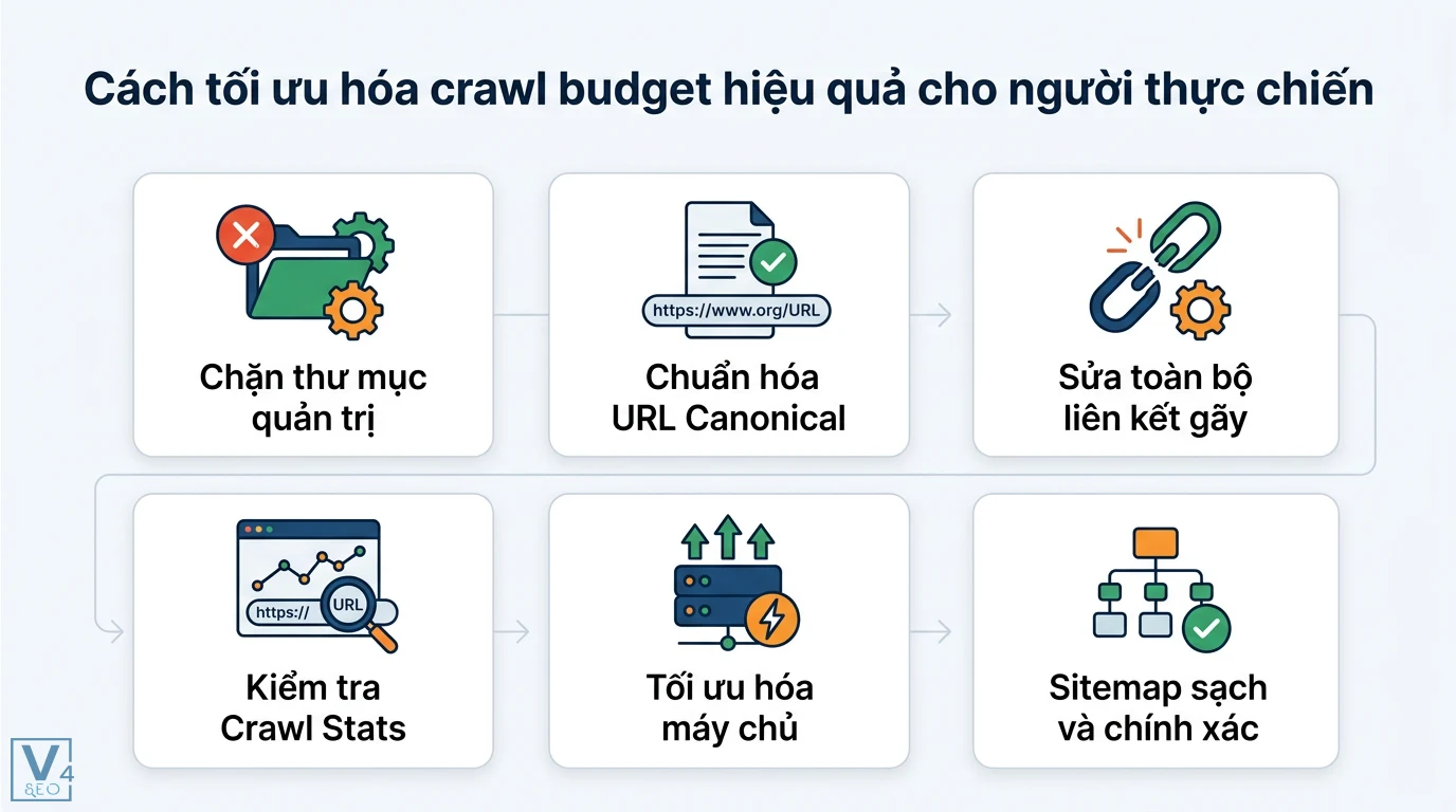 Crawl budget là gì? Hướng dẫn tối ưu ngân sách thu thập thực chiến 3 Cách tối ưu hóa crawl budget hiệu quả qua chặn thư mục quản trị, chuẩn hóa URL Canonical, sửa liên kết gãy và kiểm tra Crawl Stats