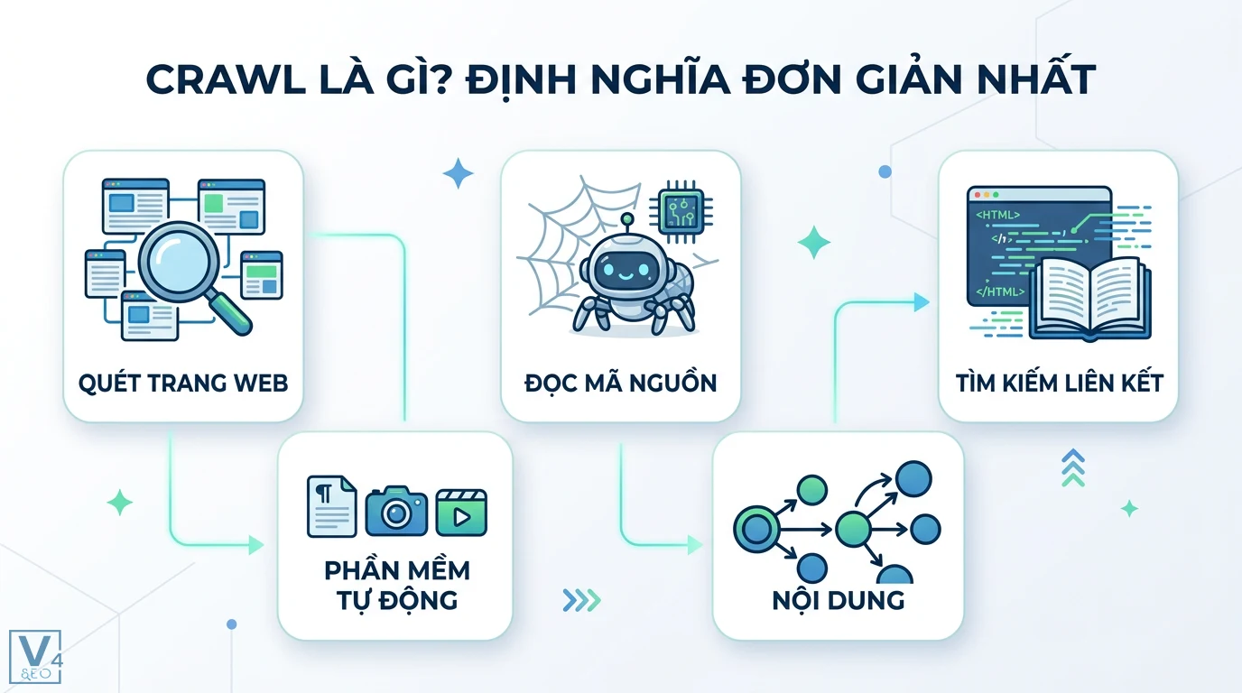 Crawl là gì? Cách tối ưu Crawl Budget và sửa lỗi lập chỉ mục 2026 1 Crawl là quá trình quét trang web, đọc mã nguồn và phân tích nội dung để tìm kiếm liên kết mới thông qua phần mềm tự động của Googlebot