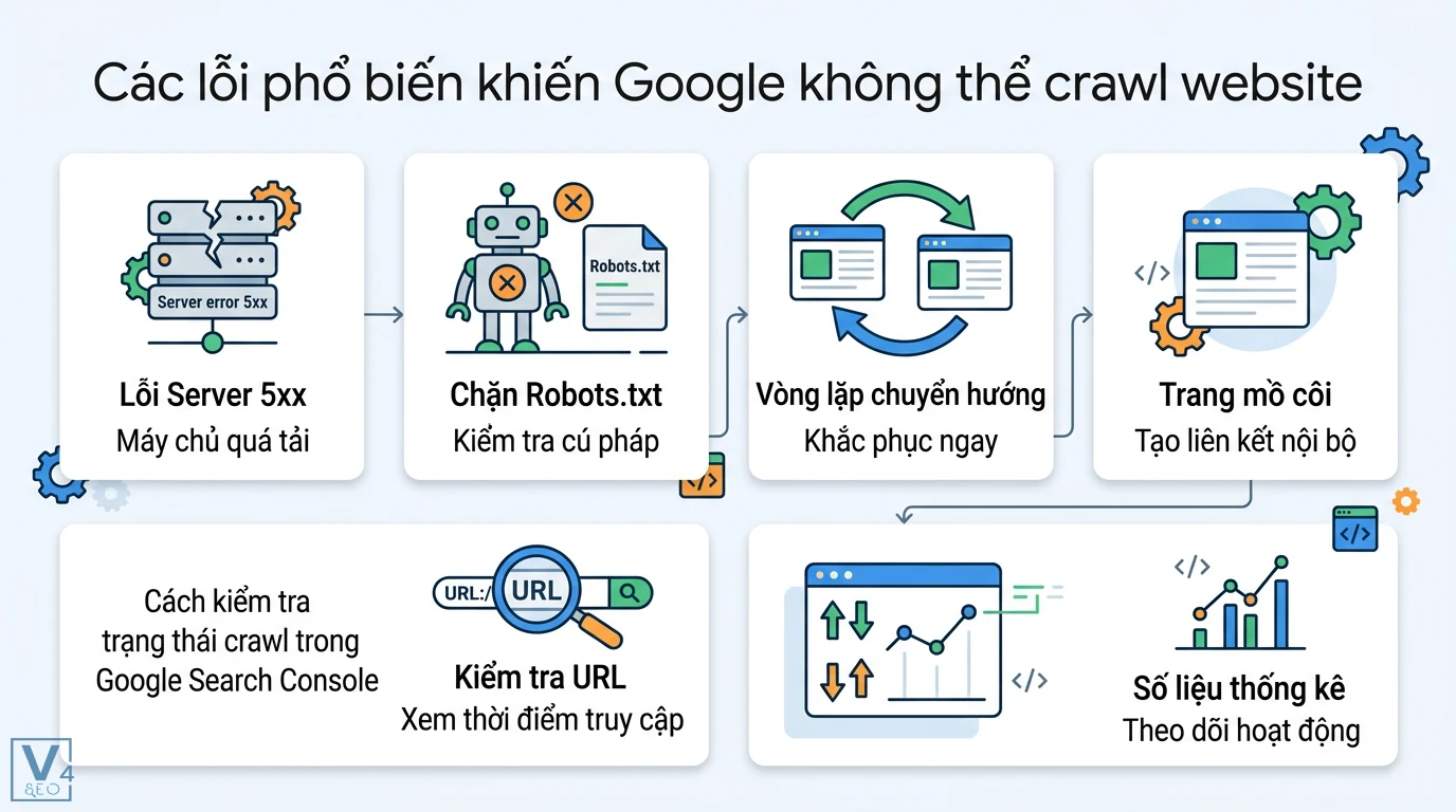 Crawl là gì? Cách tối ưu Crawl Budget và sửa lỗi lập chỉ mục 2026 2 Các lỗi khiến Google không thể crawl website như Server 5xx, chặn Robots.txt, vòng lặp chuyển hướng, trang mồ côi và kiểm tra URL