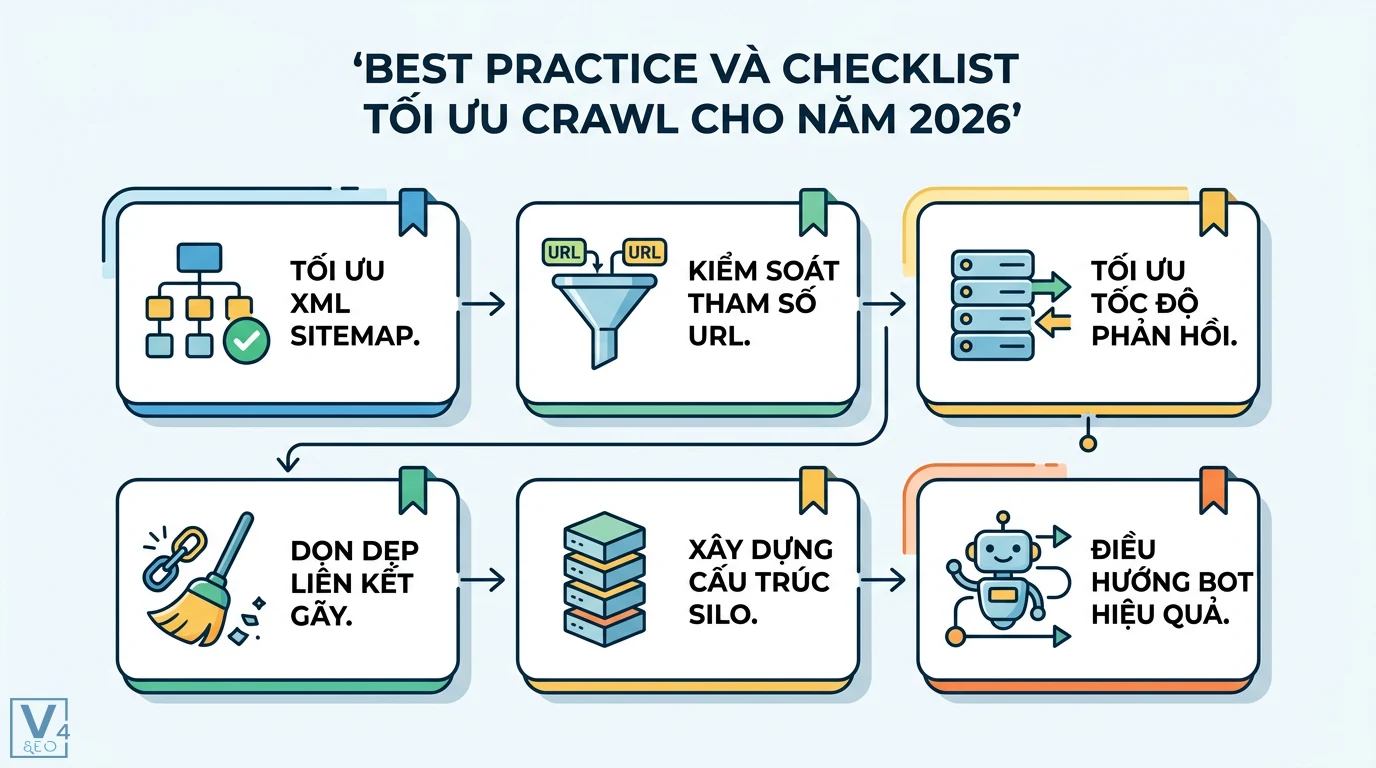 Crawl là gì? Cách tối ưu Crawl Budget và sửa lỗi lập chỉ mục 2026 3 Tối ưu crawl 2026 qua XML sitemap, kiểm soát tham số URL, tốc độ phản hồi, dọn liên kết gãy, cấu trúc silo và điều hướng bot tìm kiếm hiệu quả