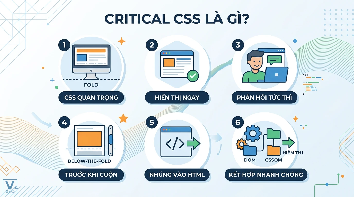 Critical CSS là gì? Cách tối ưu FCP và LCP bằng Vite và Webpack 1 Critical CSS giúp hiển thị ngay nội dung trên màn hình trước khi cuộn bằng việc nhúng mã vào HTML và kết hợp nhanh chóng giữa DOM và CSSOM