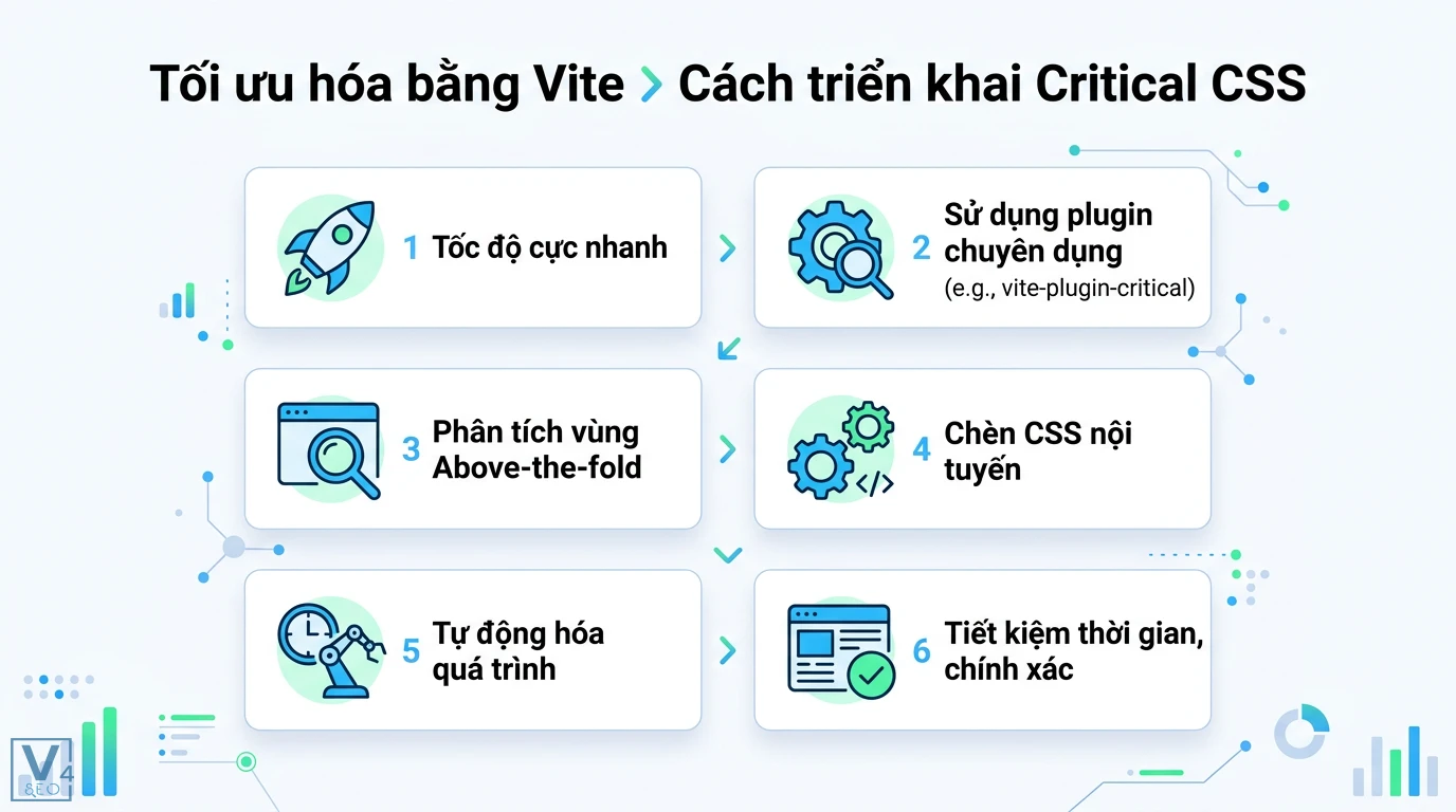 Critical CSS là gì? Cách tối ưu FCP và LCP bằng Vite và Webpack 2 Triển khai Critical CSS bằng Vite sử dụng vite-plugin-critical giúp phân tích vùng above-the-fold và tự động hóa việc chèn CSS nội tuyến