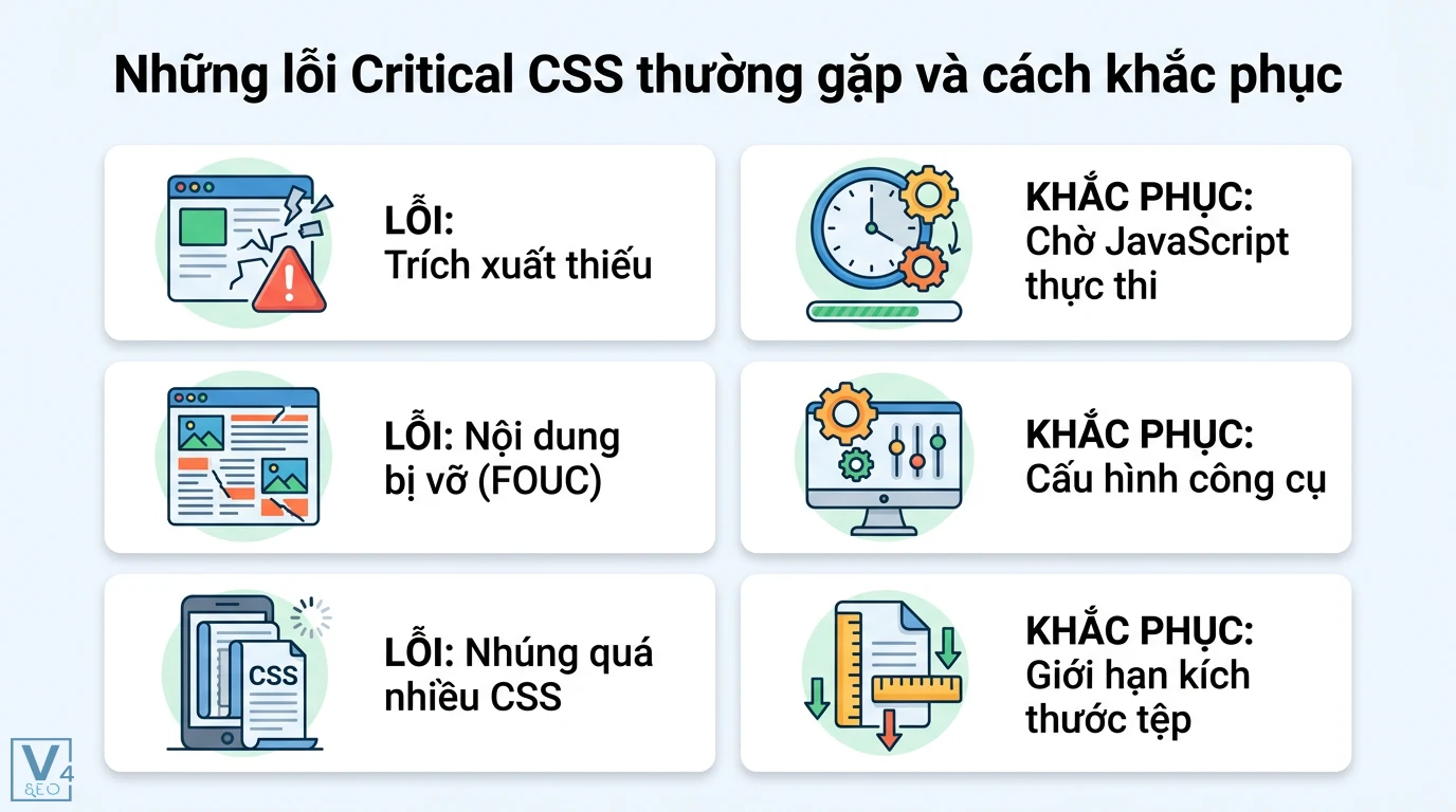 Critical CSS là gì? Cách tối ưu FCP và LCP bằng Vite và Webpack 3 Lỗi Critical CSS như trích xuất thiếu, FOUC, nhúng quá nhiều mã và cách khắc phục qua việc chờ JavaScript, giới hạn kích thước tệp
