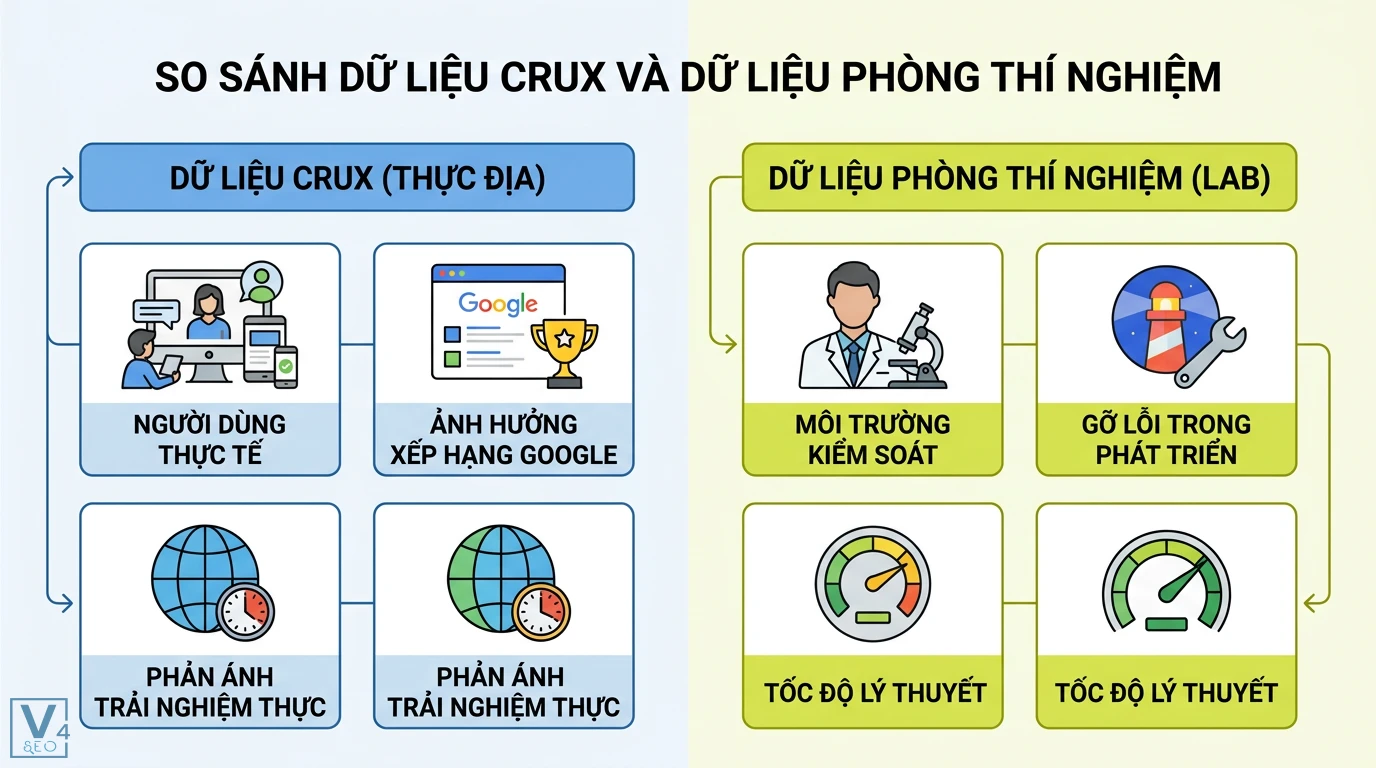 CrUX là gì? Giải mã ý nghĩa từ vựng và báo cáo Chrome từ Google 2 So sánh dữ liệu CrUX thực địa phản ánh trải nghiệm người dùng thực tế để xếp hạng Google và dữ liệu phòng thí nghiệm lab dùng gỡ lỗi phát triển