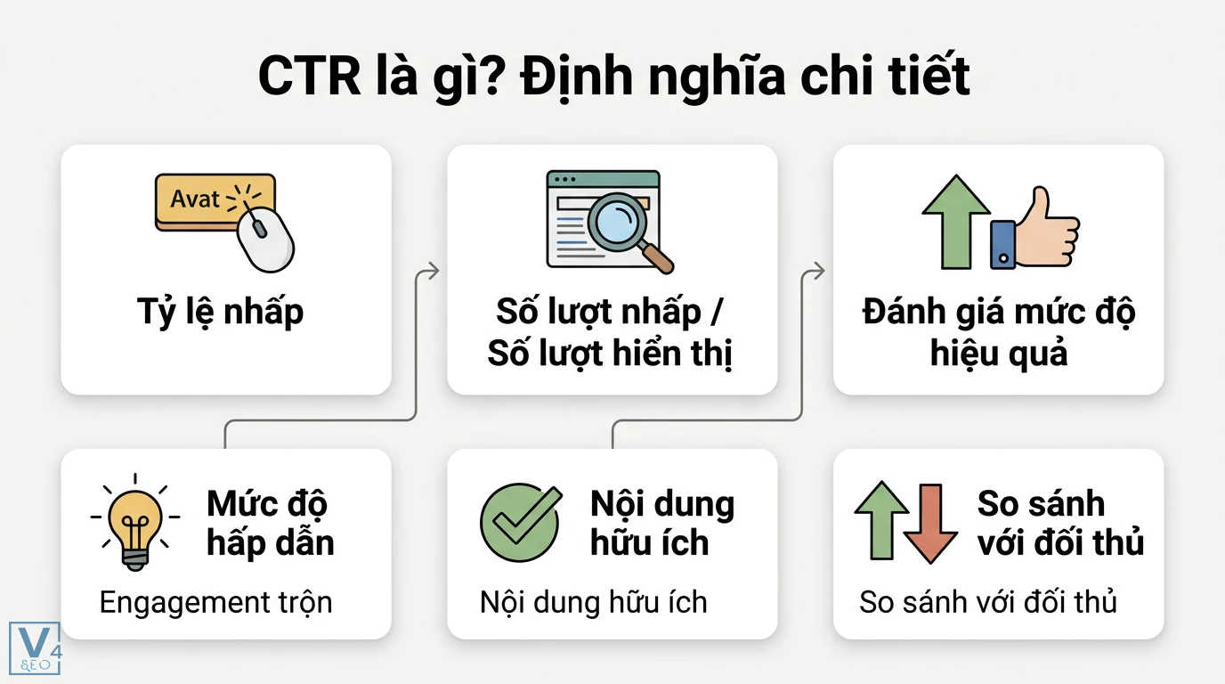 CTR là gì? Cách tính và mẹo tối ưu tỷ lệ nhấp cho SEO, Google Ads 1 CTR tỷ lệ nhấp đo lường số lượt nhấp trên hiển thị để đánh giá hiệu quả quảng cáo mức độ hấp dẫn của nội dung và so sánh với đối thủ