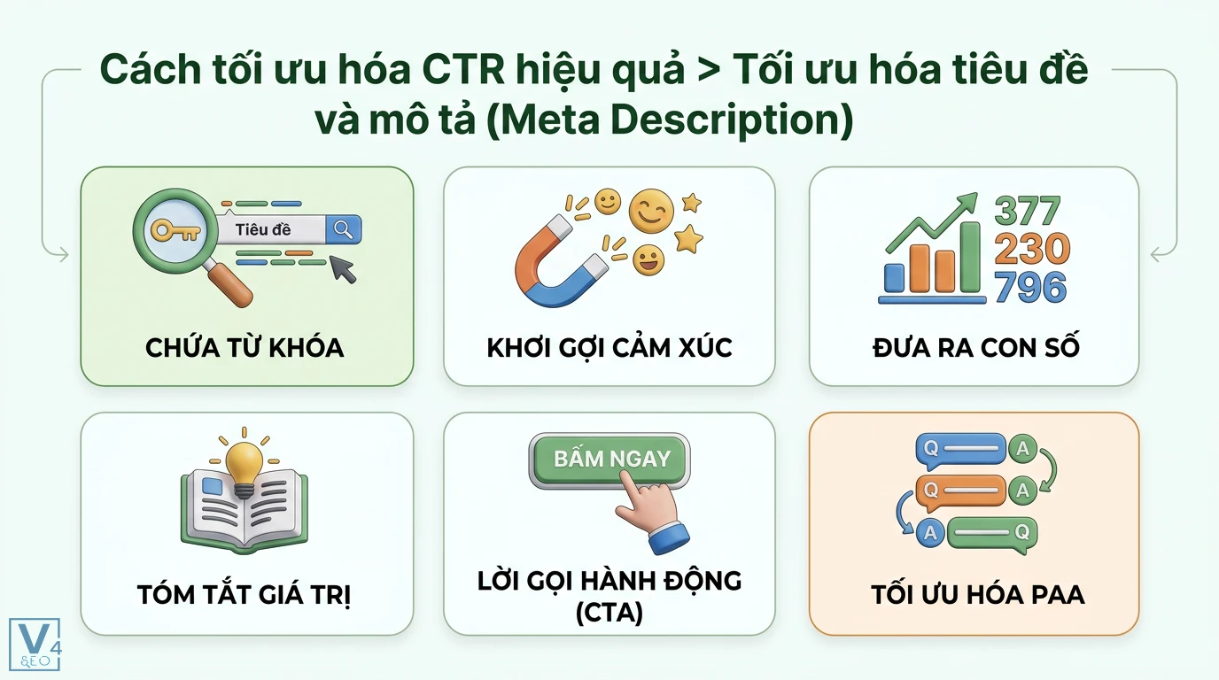 CTR là gì? Cách tính và mẹo tối ưu tỷ lệ nhấp cho SEO, Google Ads 2 Tối ưu tiêu đề và mô tả tăng CTR qua việc chứa từ khóa, khơi gợi cảm xúc, dùng con số, tóm tắt giá trị, lời kêu gọi hành động và tối ưu PAA