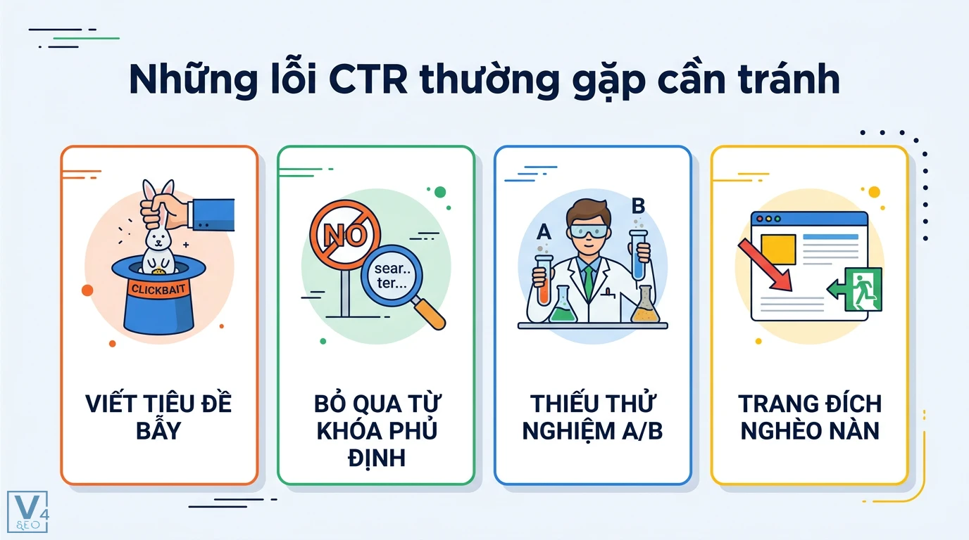 CTR là gì? Cách tính và mẹo tối ưu tỷ lệ nhấp cho SEO, Google Ads 3 Lỗi CTR thường gặp như tiêu đề bẫy clickbait, bỏ qua từ khóa phủ định, thiếu thử nghiệm A/B và trang đích nghèo nàn làm giảm tỷ lệ nhấp