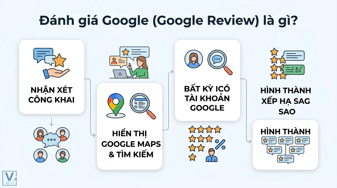 Đánh giá Google là gì? Cẩm nang quản lý và tối ưu SEO Local 2026 1 Đánh giá Google gồm nhận xét công khai trên Google Maps và tìm kiếm giúp hình thành xếp hạng sao từ trải nghiệm của người dùng