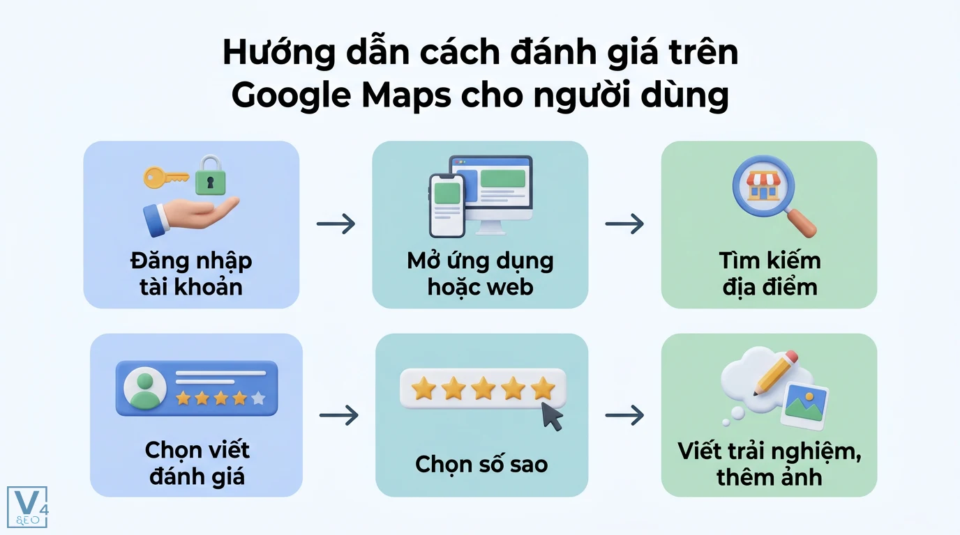 Đánh giá Google là gì? Cẩm nang quản lý và tối ưu SEO Local 2026 2 Quy trình hướng dẫn cách đánh giá trên Google Maps gồm đăng nhập, tìm địa điểm, chọn số sao, viết nhận xét trải nghiệm và thêm hình ảnh
