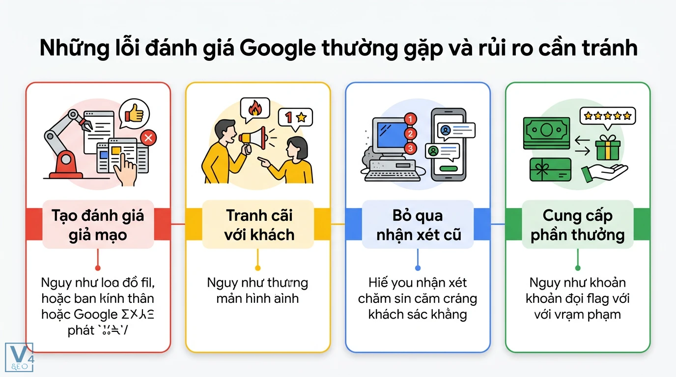 Đánh giá Google là gì? Cẩm nang quản lý và tối ưu SEO Local 2026 3 Sai lầm đánh giá Google gồm tạo đánh giá giả mạo, tranh cãi với khách, bỏ qua nhận xét cũ và cung cấp phần thưởng trái quy định để tăng sao