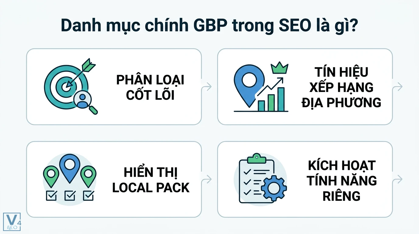 Danh mục chính GBP là gì? Khám phá sức mạnh của đồng Bảng Anh 1 Danh mục chính GBP là phân loại cốt lõi tạo tín hiệu xếp hạng địa phương giúp hiển thị Local Pack và kích hoạt tính năng riêng cho doanh nghiệp