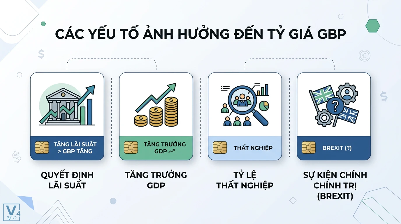 Danh mục chính GBP là gì? Khám phá sức mạnh của đồng Bảng Anh 3 Các yếu tố ảnh hưởng đến tỷ giá GBP gồm quyết định lãi suất của BOE, tăng trưởng GDP, tỷ lệ thất nghiệp và tác động từ sự kiện chính trị Brexit