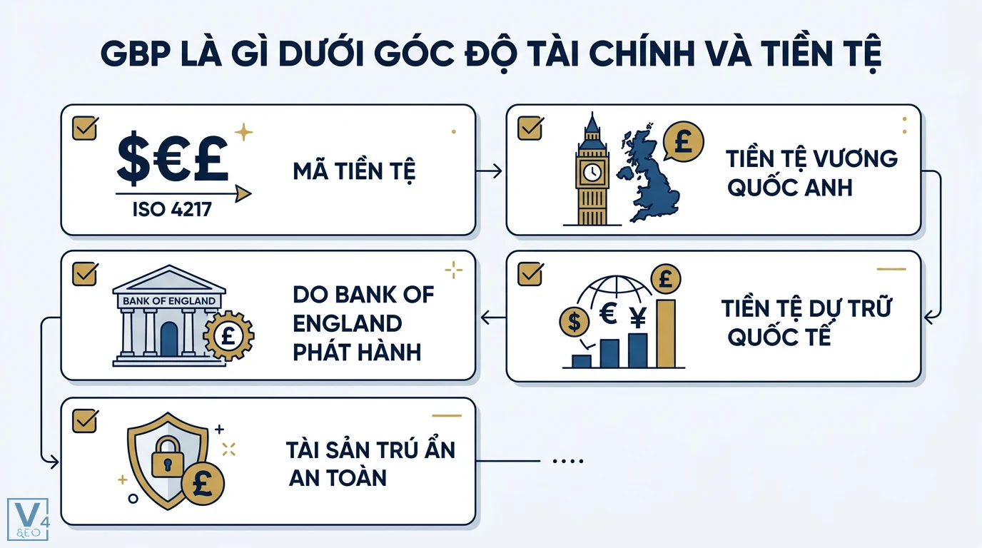 Tìm hiểu danh mục GBP là gì: Định nghĩa và tỷ giá Bảng Anh mới nhất 1 GBP là mã tiền tệ ISO 4217 của đồng Bảng Anh do Bank of England phát hành, đóng vai trò tiền tệ dự trữ quốc tế và tài sản trú ẩn an toàn