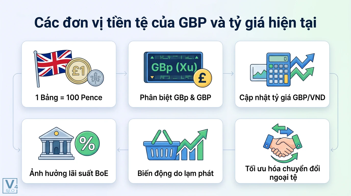 Tìm hiểu danh mục GBP là gì: Định nghĩa và tỷ giá Bảng Anh mới nhất 2 Các đơn vị tiền tệ GBP và GBp cùng các yếu tố ảnh hưởng tỷ giá GBP/VND như lãi suất BoE và lạm phát giúp tối ưu hóa chuyển đổi ngoại tệ