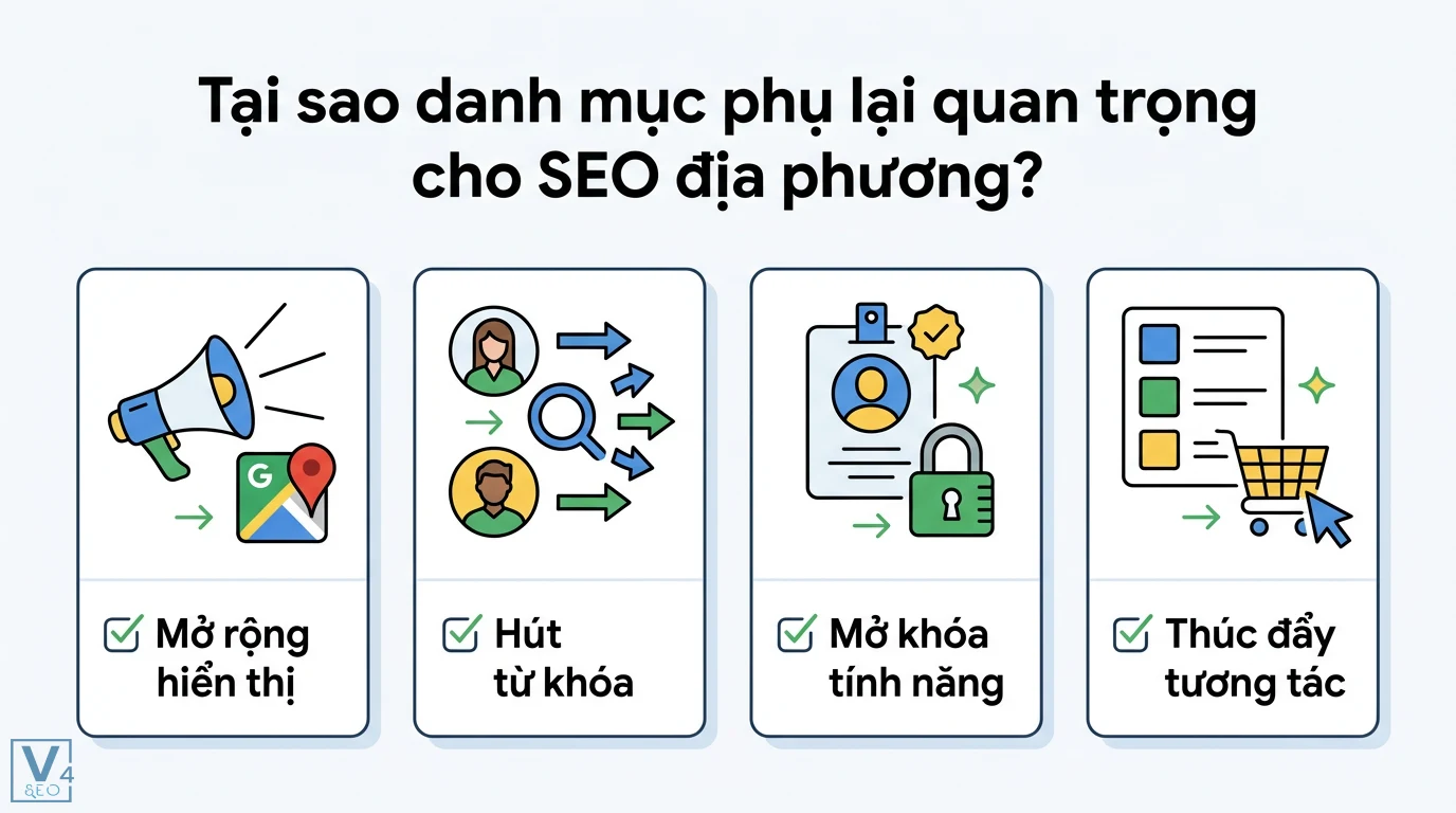 Danh mục phụ GBP là gì? Cách tối ưu Google Business Profile 2 Lợi ích danh mục phụ GBP giúp mở rộng hiển thị, thu hút từ khóa, mở khóa tính năng và thúc đẩy tương tác hiệu quả cho doanh nghiệp