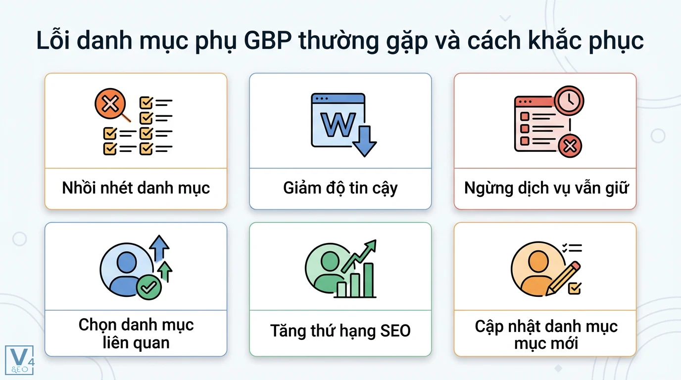 Danh mục phụ GBP là gì? Cách tối ưu Google Business Profile 3 Lỗi danh mục phụ GBP như nhồi nhét danh mục, giảm độ tin cậy và giải pháp chọn danh mục liên quan, cập nhật mới để tăng thứ hạng SEO
