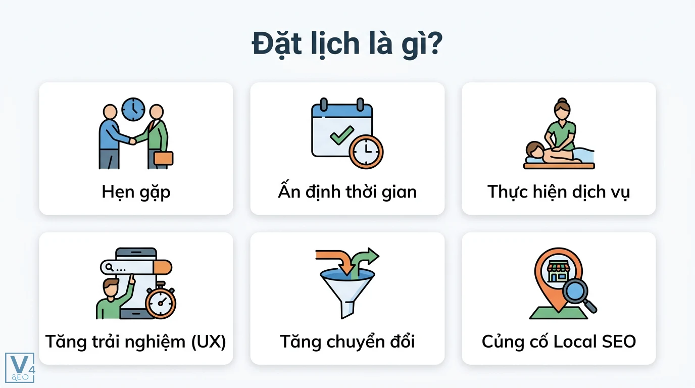 Đặt lịch là gì? Từ định nghĩa đến hệ thống quản lý chuyên nghiệp 1 Đặt lịch hẹn gặp, ấn định thời gian thực hiện dịch vụ giúp tối ưu trải nghiệm người dùng, tăng tỷ lệ chuyển đổi và củng cố Local SEO