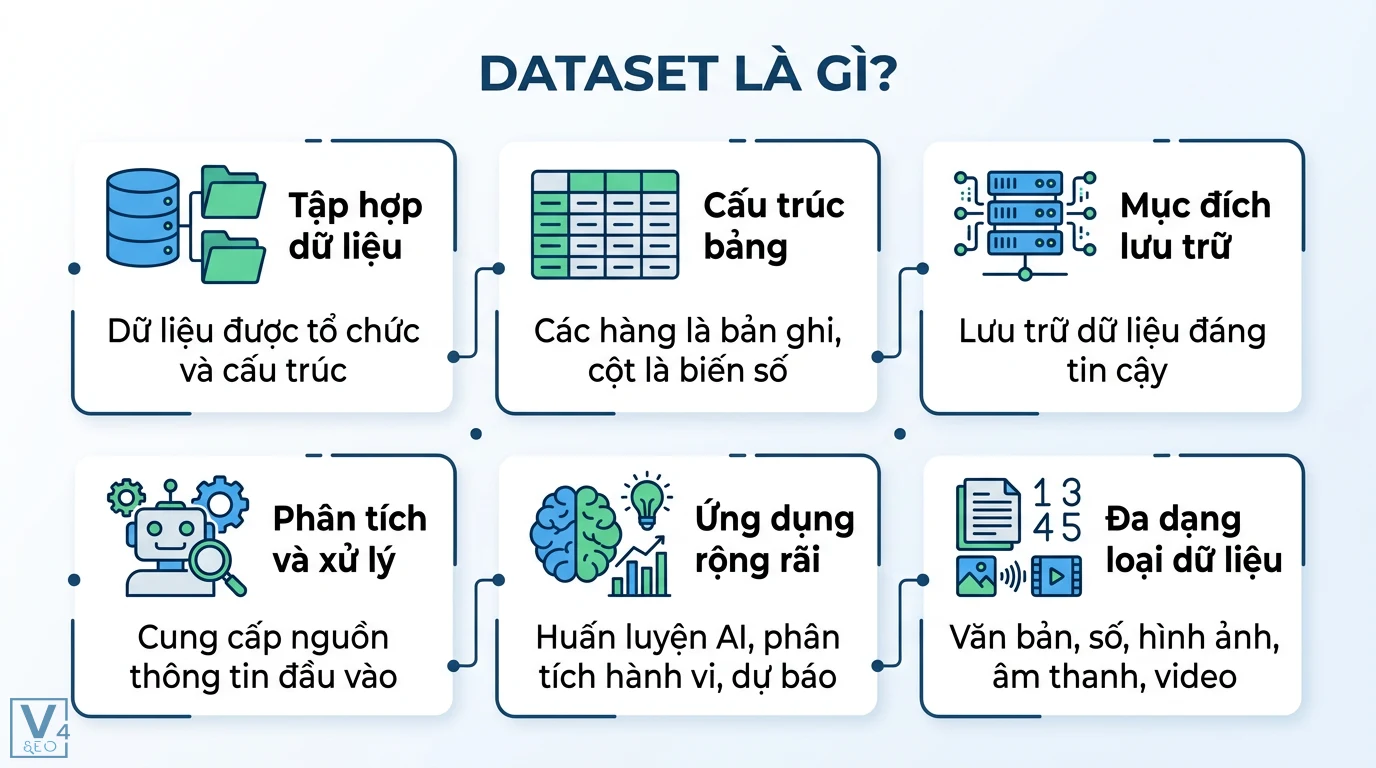 Dataset là gì? Hướng dẫn chi tiết cấu trúc và cách tìm dữ liệu 1 Dataset là tập dữ liệu có cấu trúc bảng giúp lưu trữ, phân tích và huấn luyện AI với đa dạng định dạng như văn bản, số, hình ảnh và video