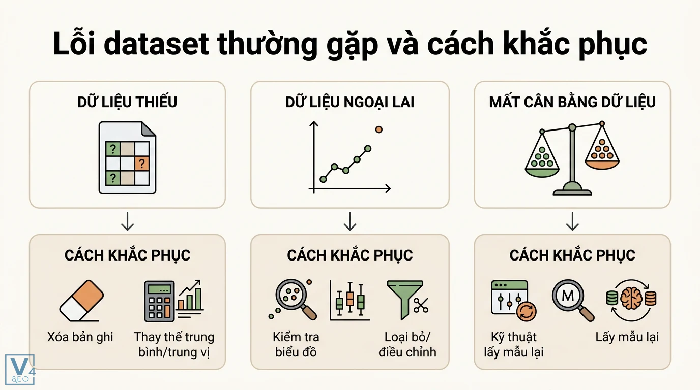 Dataset là gì? Hướng dẫn chi tiết cấu trúc và cách tìm dữ liệu 3 Lỗi dataset thường gặp và cách khắc phục dữ liệu thiếu, ngoại lai, mất cân bằng bằng việc xóa bản ghi, điều chỉnh dữ liệu hoặc lấy mẫu lại