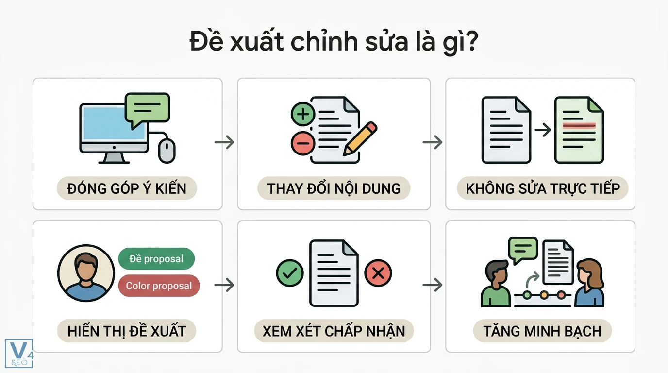 Đề xuất chỉnh sửa là gì? Cách dùng Suggesting Mode chuyên nghiệp 1 Đề xuất chỉnh sửa hỗ trợ đóng góp ý kiến, thay đổi nội dung không trực tiếp, hiển thị đề xuất và xem xét chấp nhận để tăng minh bạch