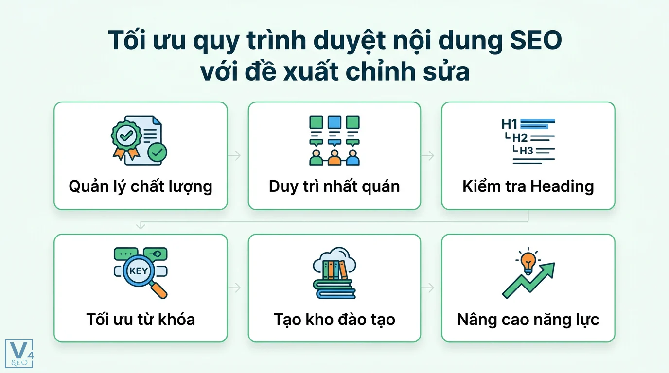 Đề xuất chỉnh sửa là gì? Cách dùng Suggesting Mode chuyên nghiệp 3 Quy trình duyệt nội dung SEO qua các bước quản lý chất lượng, kiểm tra heading, tối ưu từ khóa và xây dựng kho đào tạo nâng cao năng lực
