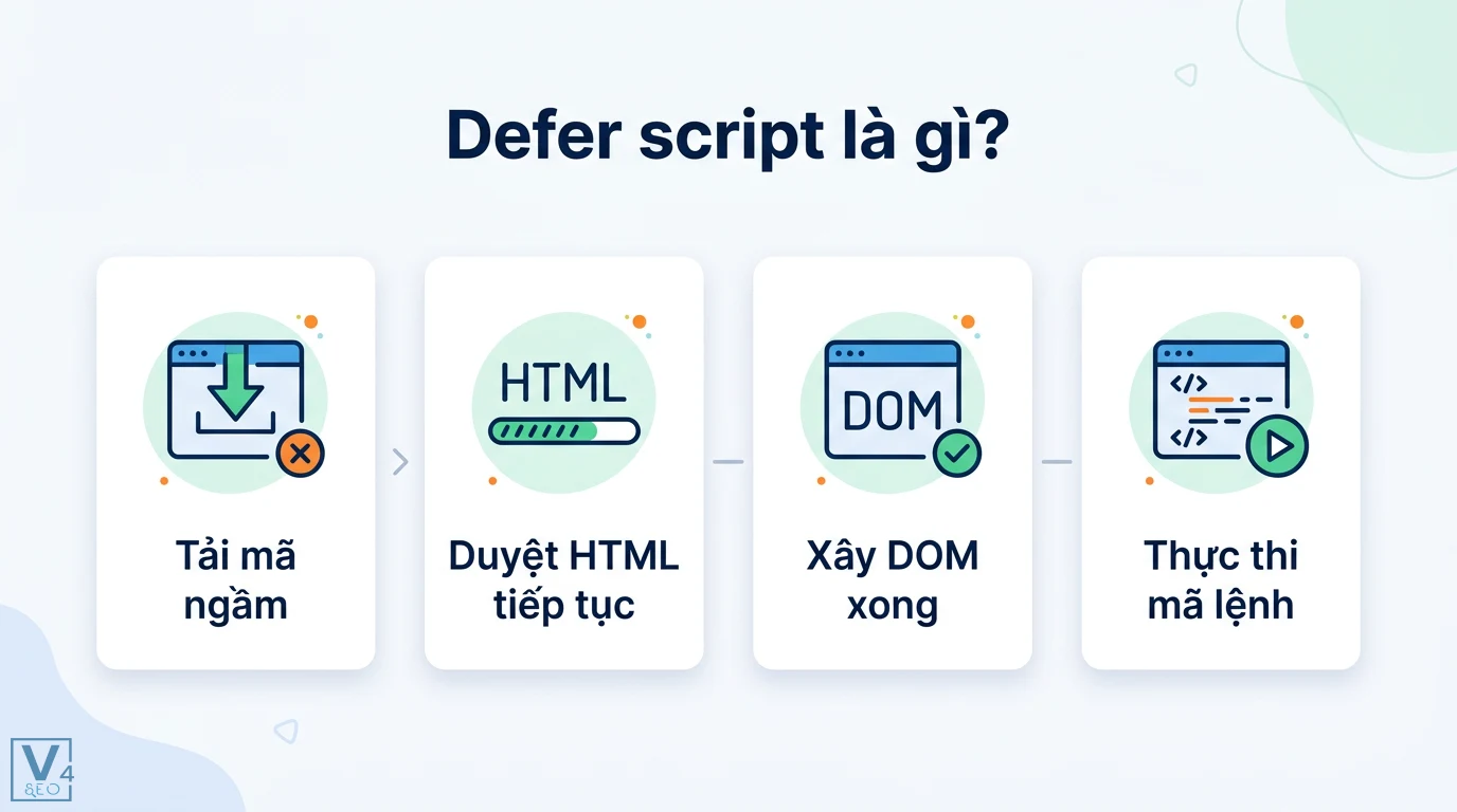 Defer script là gì? Cách tối ưu JavaScript giúp tăng tốc website 1 Cơ chế defer script xử lý tải mã ngầm, tiếp tục duyệt HTML cho đến khi xây xong cấu trúc DOM mới bắt đầu thực thi mã lệnh JavaScript