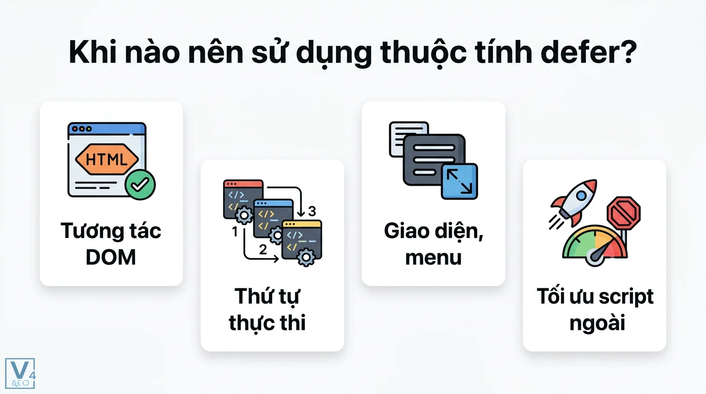 Defer script là gì? Cách tối ưu JavaScript giúp tăng tốc website 2 Ứng dụng thuộc tính defer trong tương tác DOM, đảm bảo thứ tự thực thi script, xử lý giao diện menu và tối ưu hóa hiệu suất script ngoài