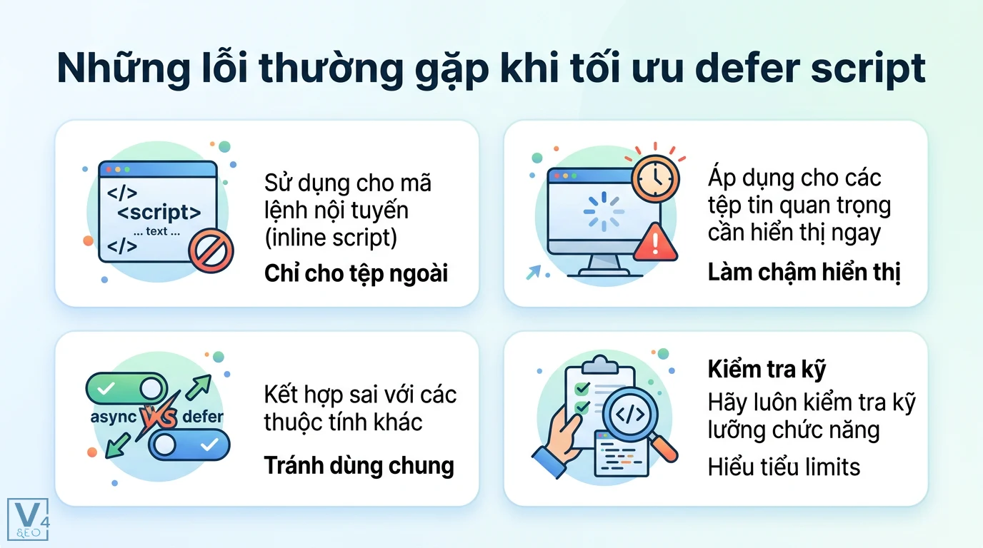 Defer script là gì? Cách tối ưu JavaScript giúp tăng tốc website 3 Những lỗi thường gặp khi tối ưu defer script như áp dụng cho mã nội tuyến, trì hoãn tệp tin quan trọng và kết hợp sai với thuộc tính async