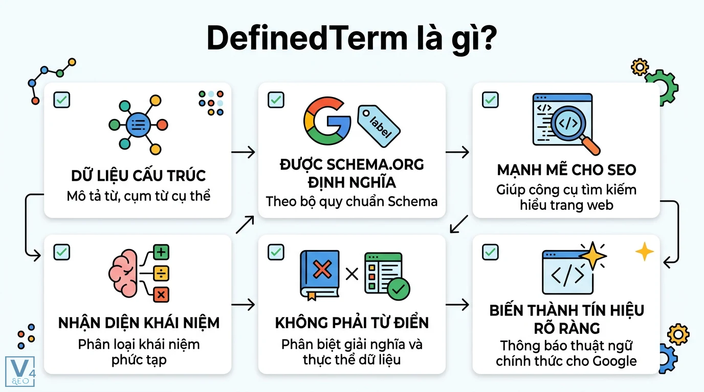 DefinedTerm là gì? Cách dùng Schema DefinedTerm chuẩn JSON-LD 1 DefinedTerm là dữ liệu cấu trúc Schema.org giúp Google nhận diện thuật ngữ chuyên ngành và khái niệm phức tạp nhằm tối ưu SEO website