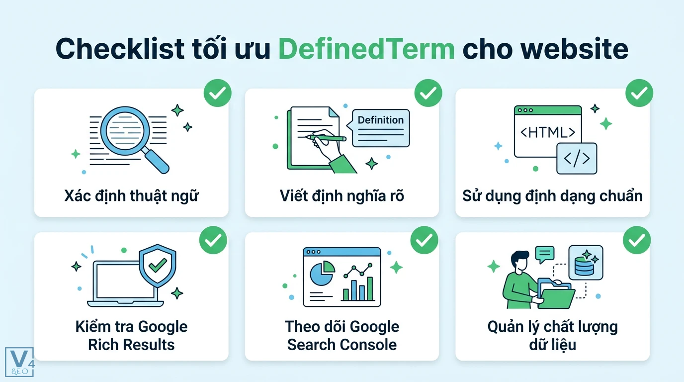 DefinedTerm là gì? Cách dùng Schema DefinedTerm chuẩn JSON-LD 3 Checklist tối ưu DefinedTerm cho website gồm xác định thuật ngữ, viết định nghĩa, chuẩn hóa HTML, kiểm tra Rich Results và Search Console
