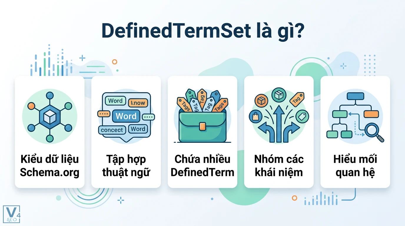 DefinedTermSet là gì? Hướng dẫn Schema và ví dụ JSON-LD chuẩn SEO 1 DefinedTermSet là kiểu dữ liệu Schema.org tập hợp các thuật ngữ và DefinedTerm giúp nhóm khái niệm để hiểu rõ mối quan hệ trong dữ liệu