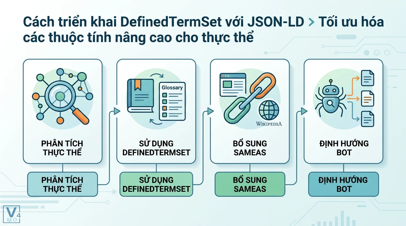DefinedTermSet là gì? Hướng dẫn Schema và ví dụ JSON-LD chuẩn SEO 2 Tối ưu JSON-LD qua phân tích thực thể, sử dụng DefinedTermSet, bổ sung sameAs Wikipedia để xác thực dữ liệu và định hướng bot tìm kiếm