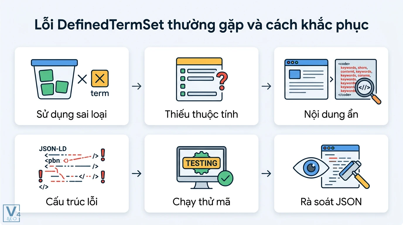 DefinedTermSet là gì? Hướng dẫn Schema và ví dụ JSON-LD chuẩn SEO 3 Lỗi DefinedTermSet gồm sai loại dữ liệu, thiếu thuộc tính, nội dung ẩn, cấu trúc JSON-LD lỗi và quy trình chạy thử rà soát mã để khắc phục