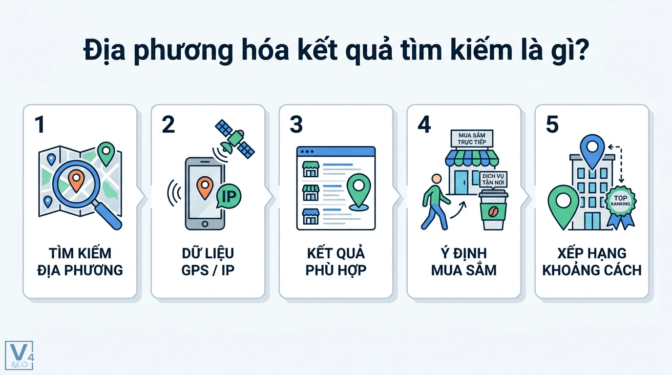 Địa phương hóa kết quả tìm kiếm là gì? Phân biệt rõ với Local SEO 1 Địa phương hóa kết quả tìm kiếm qua dữ liệu GPS và IP giúp hiển thị thông tin phù hợp ý định mua sắm và tối ưu xếp hạng theo khoảng cách