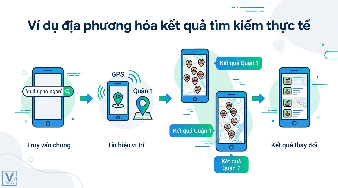 Địa phương hóa kết quả tìm kiếm là gì? Phân biệt rõ với Local SEO 2 Địa phương hóa kết quả tìm kiếm dựa trên tín hiệu vị trí GPS và IP khi người dùng tìm quán phở ngon tại các khu vực Quận 1 và Quận 7