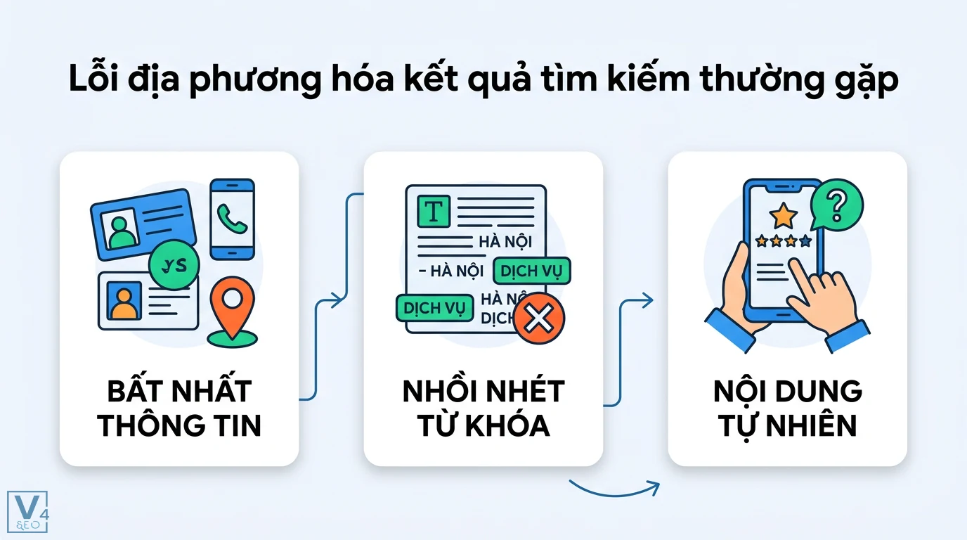 Địa phương hóa kết quả tìm kiếm là gì? Phân biệt rõ với Local SEO 3 Lỗi địa phương hóa kết quả tìm kiếm gồm bất nhất thông tin và nhồi nhét từ khóa cùng giải pháp tối ưu nội dung tự nhiên cho doanh nghiệp