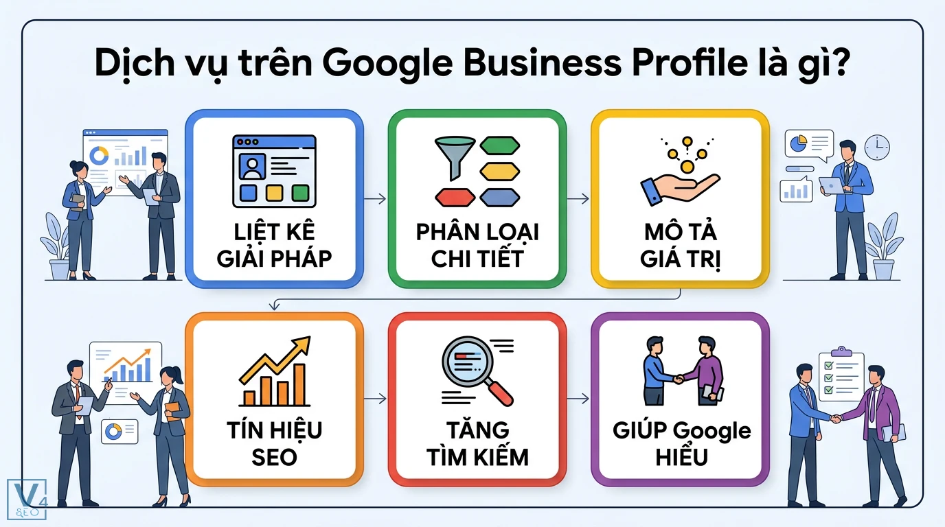 Dịch vụ trên GBP là gì? Cách tối ưu để tăng tỷ lệ chuyển đổi 1 Dịch vụ trên Google Business Profile giúp liệt kê, phân loại giải pháp, mô tả giá trị để tạo tín hiệu SEO và giúp Google hiểu doanh nghiệp