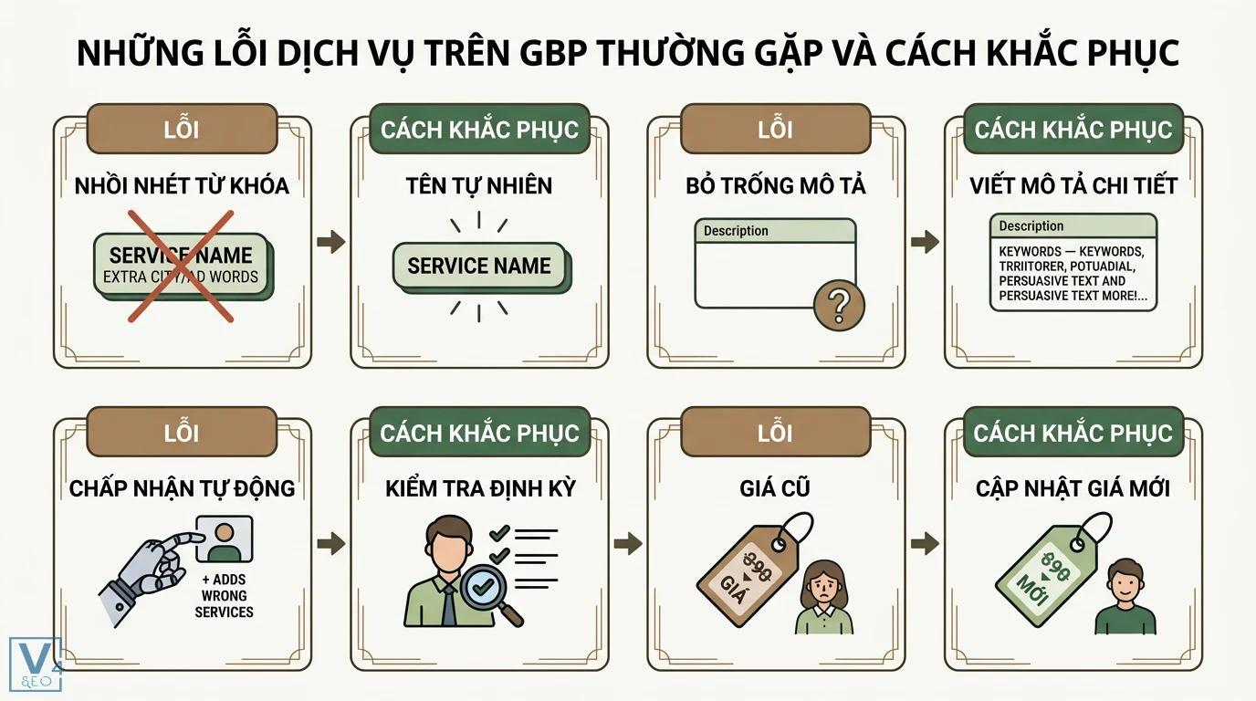 Dịch vụ trên GBP là gì? Cách tối ưu để tăng tỷ lệ chuyển đổi 3 Những lỗi dịch vụ trên GBP thường gặp và cách khắc phục bằng tên tự nhiên, mô tả chi tiết, kiểm tra định kỳ và cập nhật giá mới nhất