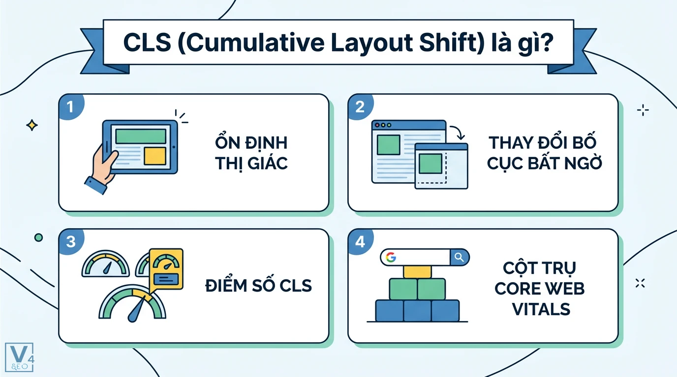 Điểm CLS là gì? Hướng dẫn tối ưu và Checklist kỹ thuật chuẩn SEO 1 CLS đo lường mức độ ổn định thị giác thay đổi vị trí bất ngờ điểm số CLS và vai trò cột trụ quan trọng trong Core Web Vitals