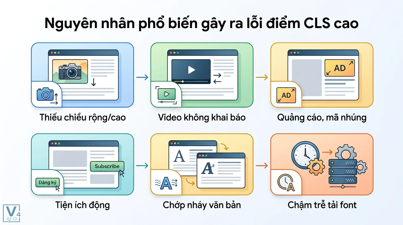 Điểm CLS là gì? Hướng dẫn tối ưu và Checklist kỹ thuật chuẩn SEO 2 Nguyên nhân gây lỗi CLS cao do thiếu chiều rộng và cao, video không khai báo, quảng cáo, tiện ích động, chớp nháy văn bản và chậm tải font chữ